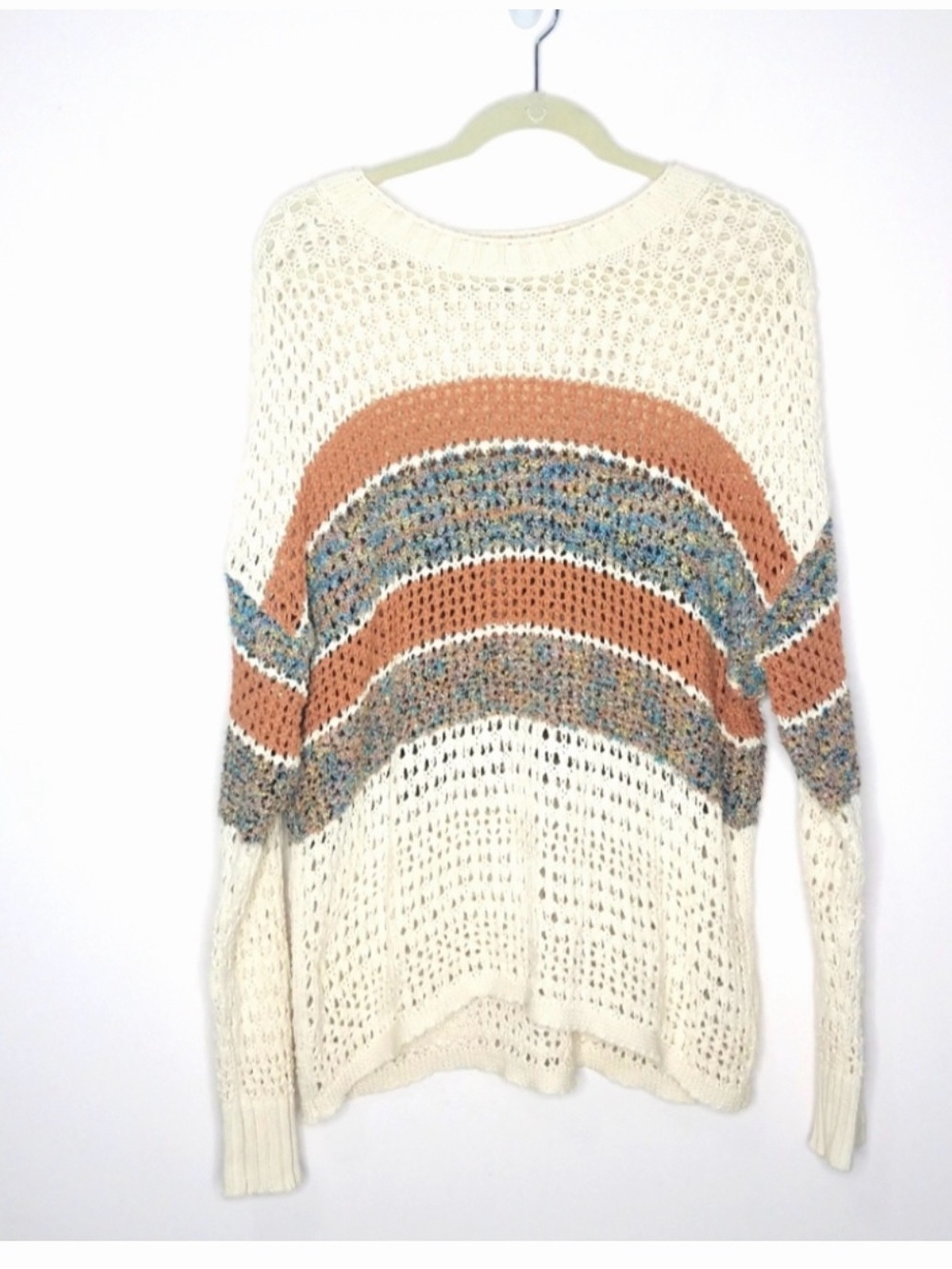 American Eagle Open-Knit Sweater with Rust and Blue Stripe Accents